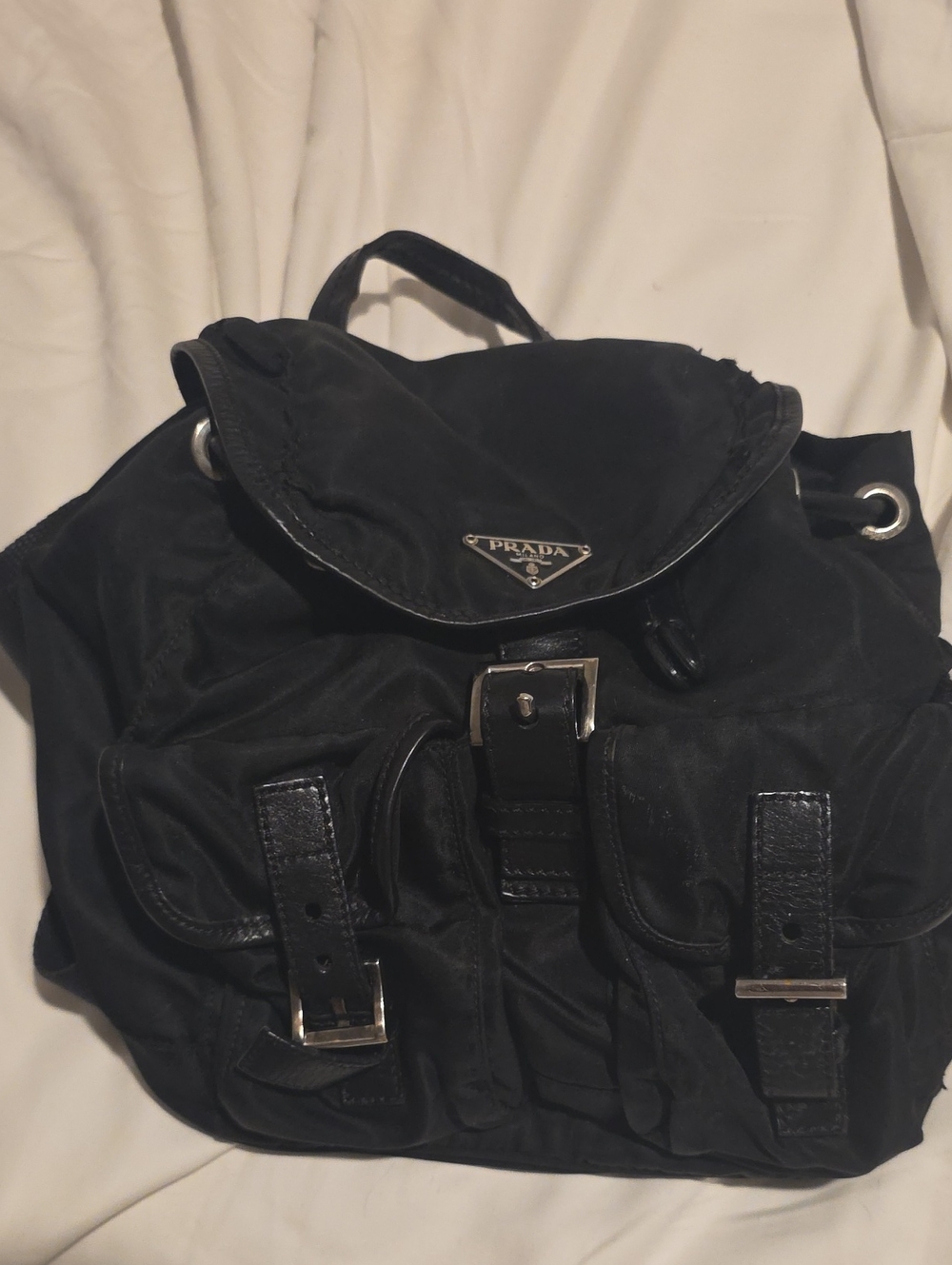 Prada Black Nylon Drawstring Backpack with Leather Trim